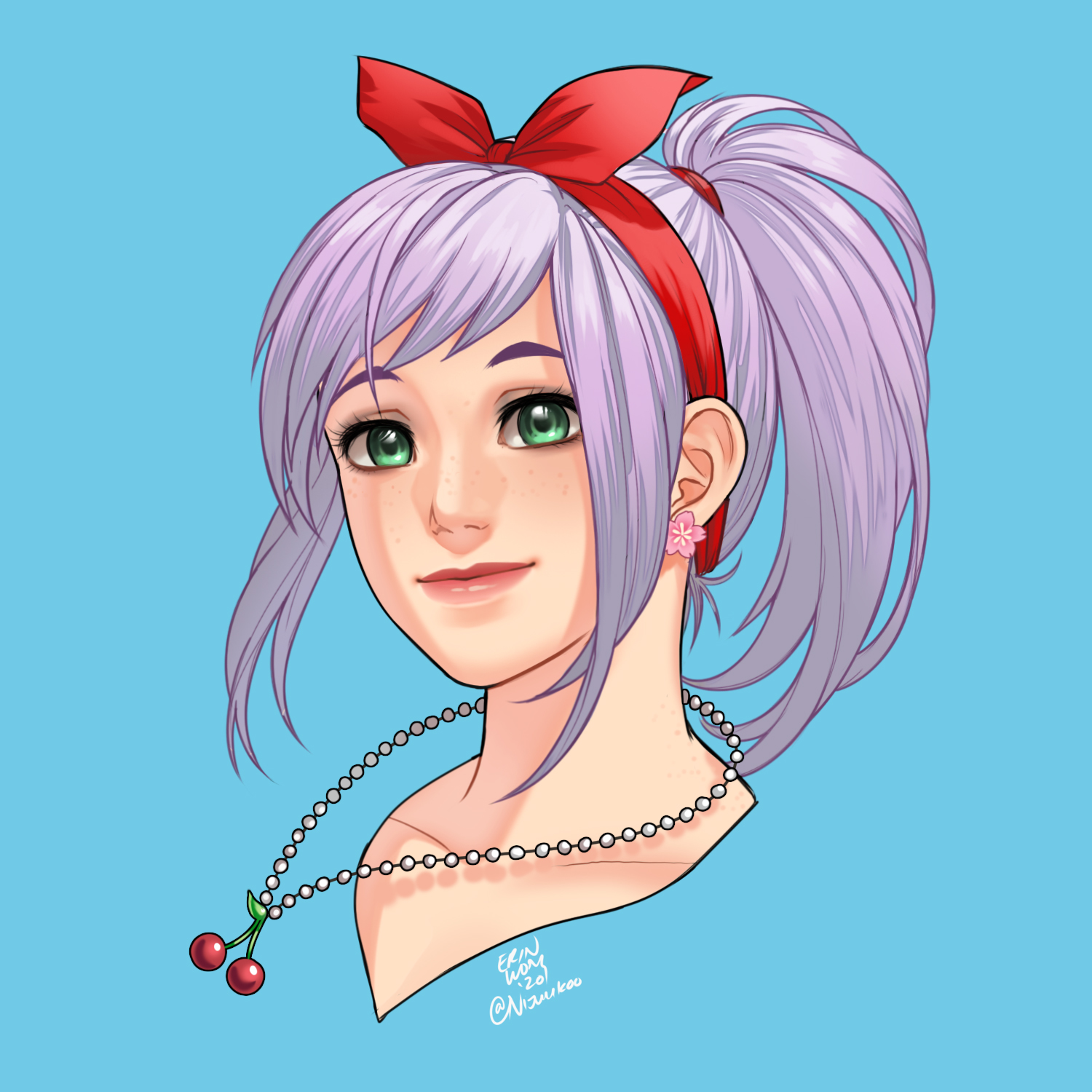 Colored headshot sketch of my Kingdom Hearts keykid Fish with her lilac ponytail, red bow, flower earring and pearl cherry necklace .